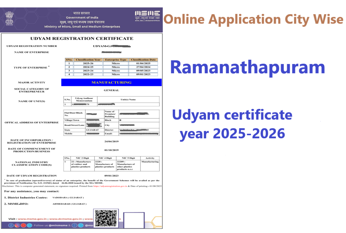 Ramanathapuram  Udyam Certificate Year 2025-2026